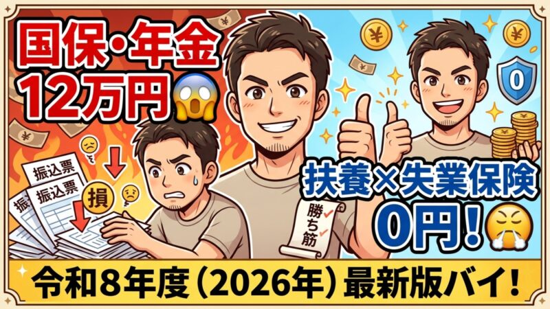 社会保険料12万円を0円に！退職後に失業保険を給付制限中に家族の扶養に入って国保・年金を節約した実体験を解説するアイキャッチ画像。令和8年度（2026年）最新版。