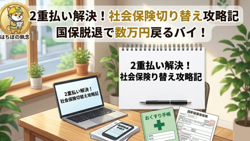 社会保険切り替え時の2重払い問題を解決する攻略記。国保脱退手続きの手順と数万円の還付金を受け取る実録を解説したブログ記事のアイキャッチ画像。ヘルメットを被った柴犬くんのアイコン付き。