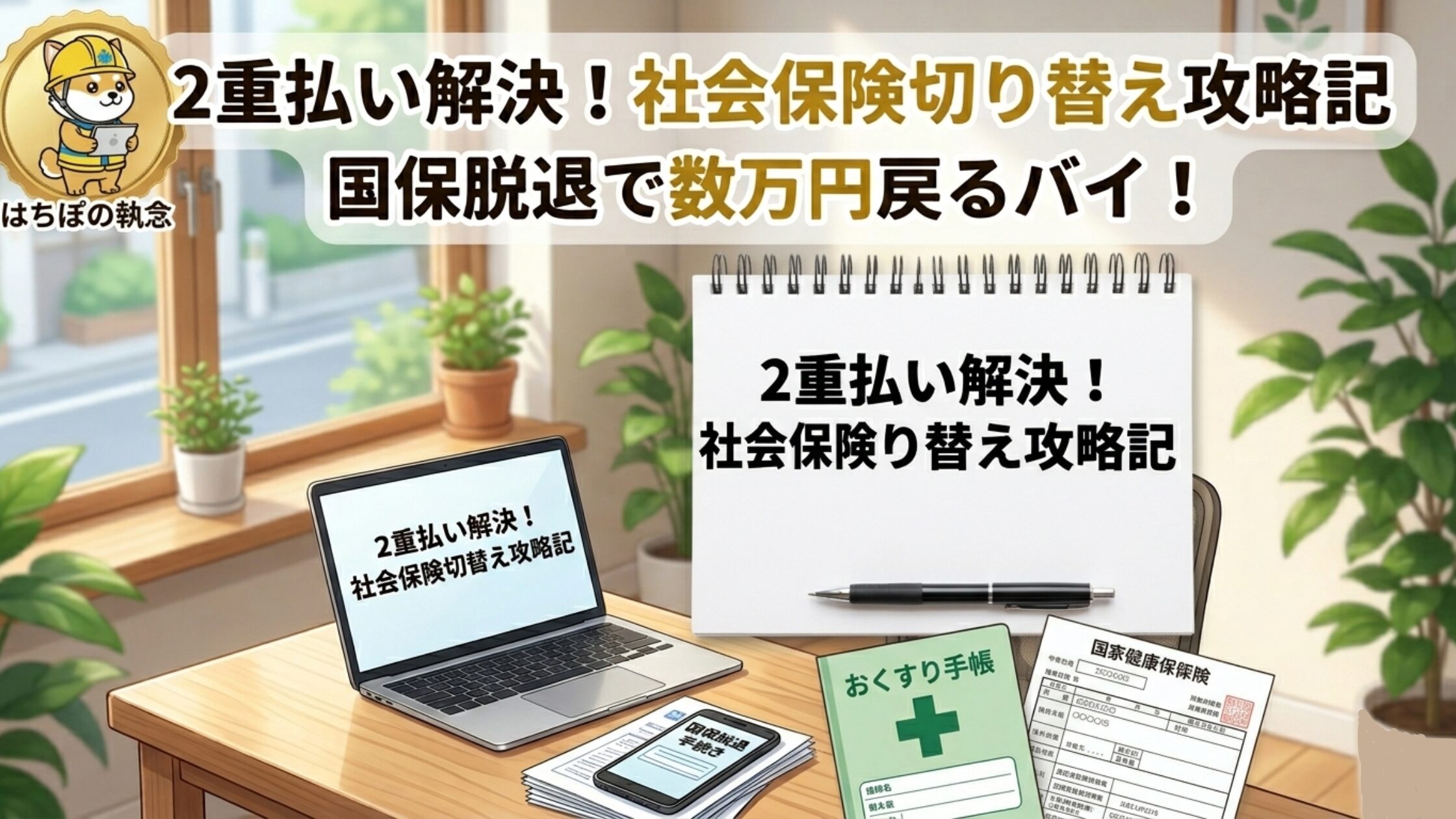 社会保険切り替え時の2重払い問題を解決する攻略記。国保脱退手続きの手順と数万円の還付金を受け取る実録を解説したブログ記事のアイキャッチ画像。ヘルメットを被った柴犬くんのアイコン付き。