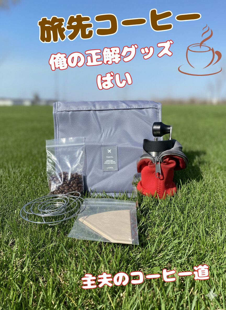青空と芝生を背景に、旅先で楽しむためのコンパクトなコーヒーギアセット（コーヒーミル、バネ式ドリッパー、コーヒー豆、フィルター、収納ポーチ）を並べたアイキャッチ画像。「旅先コーヒー 俺の正解グッズばい」のテキスト入り。