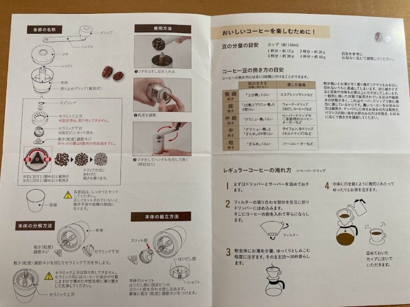 キャプテンスタッグのコーヒーミルの取扱説明書。各部の名称、粒度調節、組み立て方法、美味しい淹れ方の解説