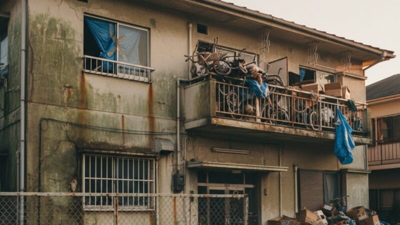 管理が行き届かず荒廃した集合住宅の様子。引越し先の周辺環境チェックの重要性。