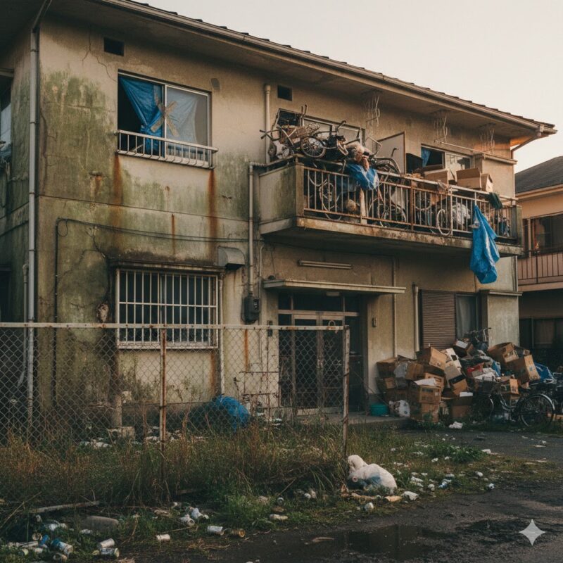 管理が行き届かず荒廃した集合住宅の様子。引越し先の周辺環境チェックの重要性。