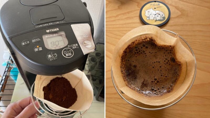 電気ポットからお湯を注ぎコーヒー粉を蒸らして膨らんでいる様子