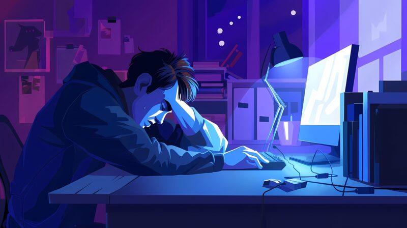 暗い部屋でモニターの光に照らされながら、悩み込む男性のイラスト