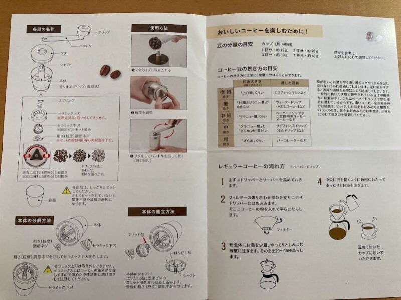 キャプテンスタッグのコーヒーミルの説明書画像。