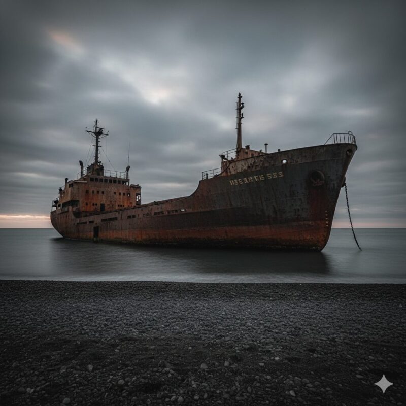 暗い海辺に佇む巨大な錆びた廃船。泥船を一生懸命漕いでも沈むという、仕事の限界と転職の覚悟を表現したイメージ画像。