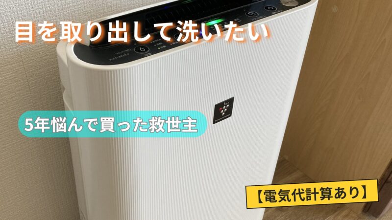 シャープの空気清浄機本体の写真に、「目を取り出して洗いたい」「5年悩んで買った救世主」「電気代計算あり」という文字が入ったアイキャッチ画像。
