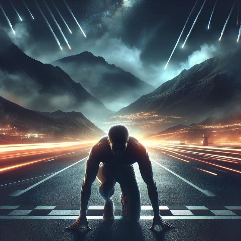 就職が決まり、スタートラインでクラウチングスタートを切る男性と光の軌跡