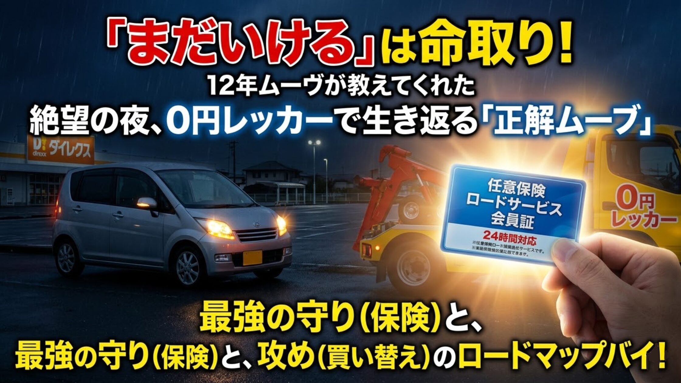 夜間に故障した12年落ちムーヴと、0円レッカーを呼ぶための任意保険ロードサービス会員証を手にするハチポの様子