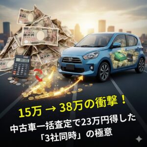 中古車一括査定で15万円から38万円にアップした実績。軽自動車と積み上げられた一万円札のイメージ画像。