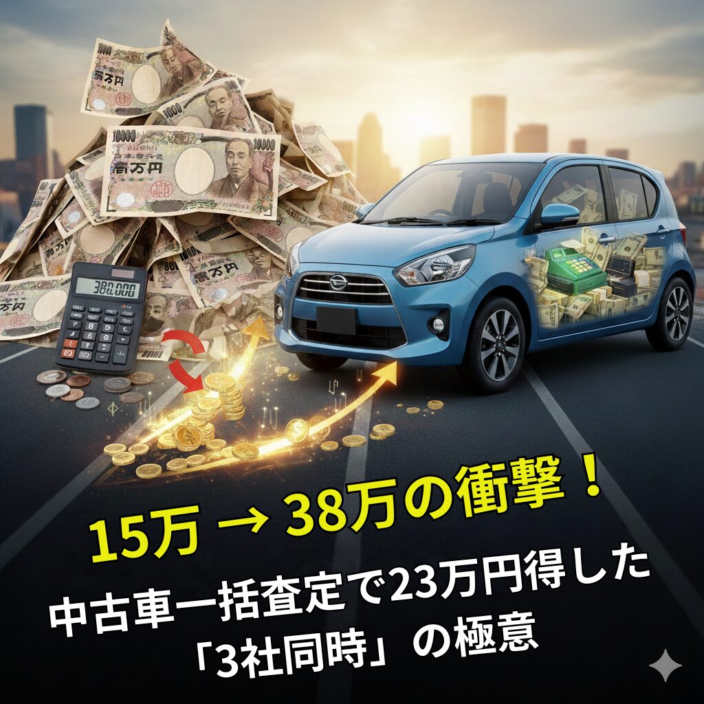 中古車一括査定で15万円から38万円にアップした実績。軽自動車と積み上げられた一万円札のイメージ画像。