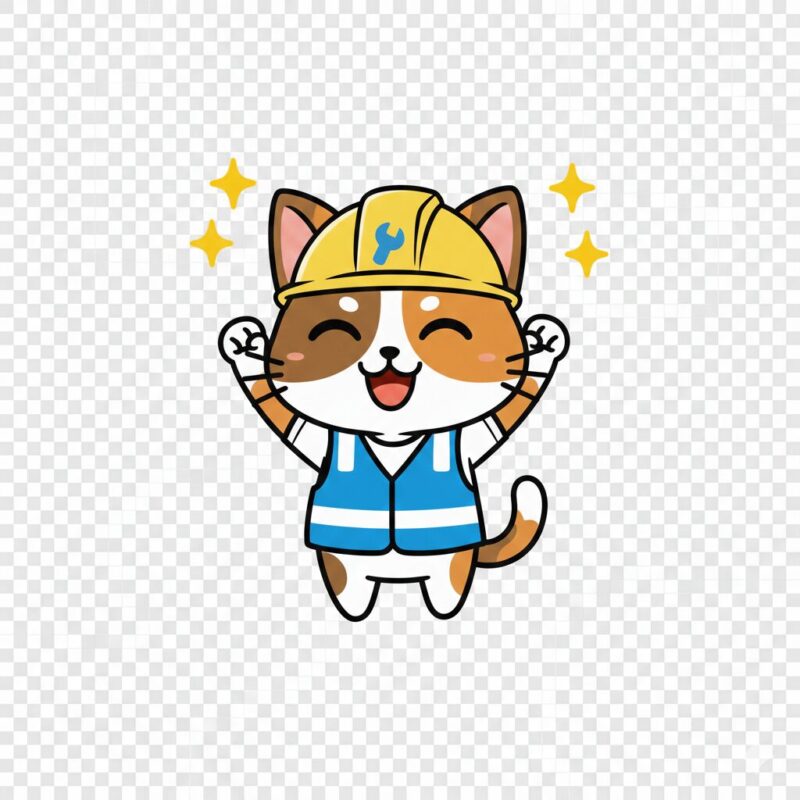 運営者はちぽの妻のアイコン。黄色いヘルメットを被り、両手を挙げて満面の笑みで喜んでいる三毛猫のキャラクター。周りには黄色いキラキラした星のマークが飛んでいる。