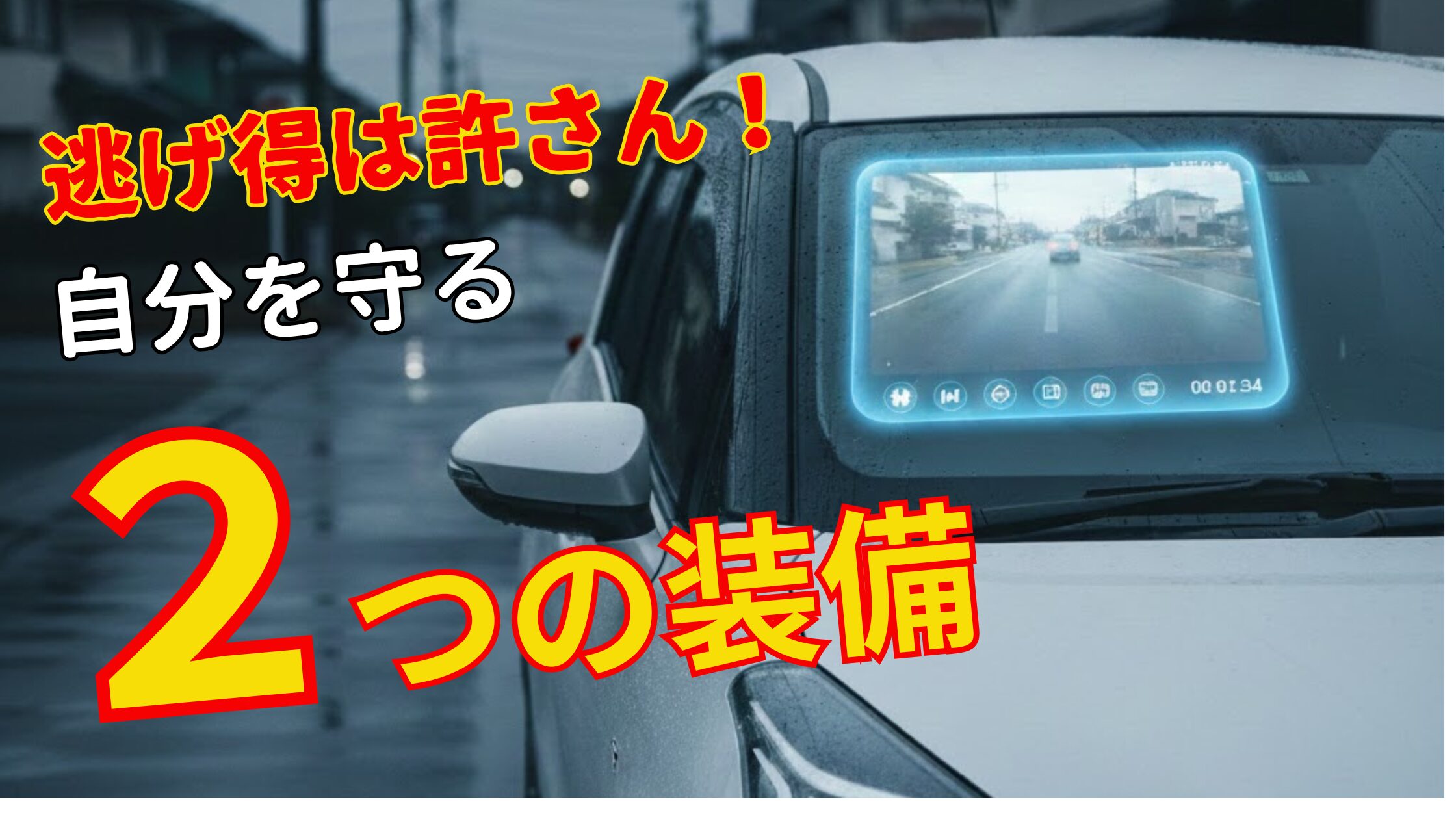 当て逃げ被害の教訓。愛車のフロントガラスに映るドラレコ映像を背景に、『逃げ得は許さん！自分を守る2つの装備』というキャッチコピーが入ったアイキャッチ画像