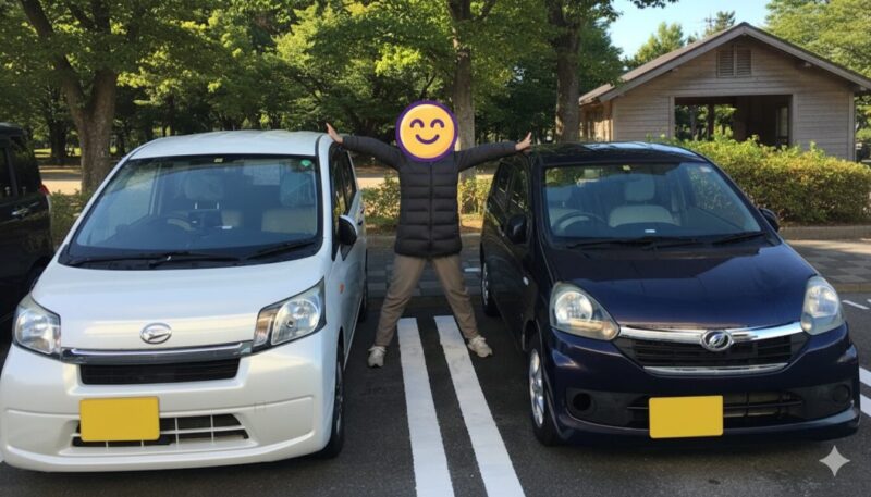 白いダイハツ・ムーヴと紺のダイハツ・ミラの間でポーズをとる筆者。公園の駐車場を背景にした、愛車との思い出の一枚。
