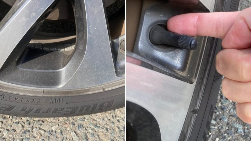 シエンタのタイヤ交換で短くなったエアバルブと指の比較写真