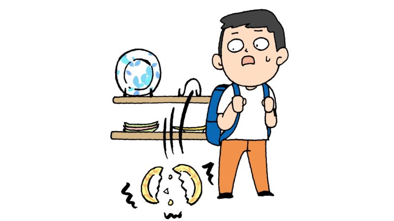 有田陶器市でリュックが当たり皿を割ってしまう男性のイラスト