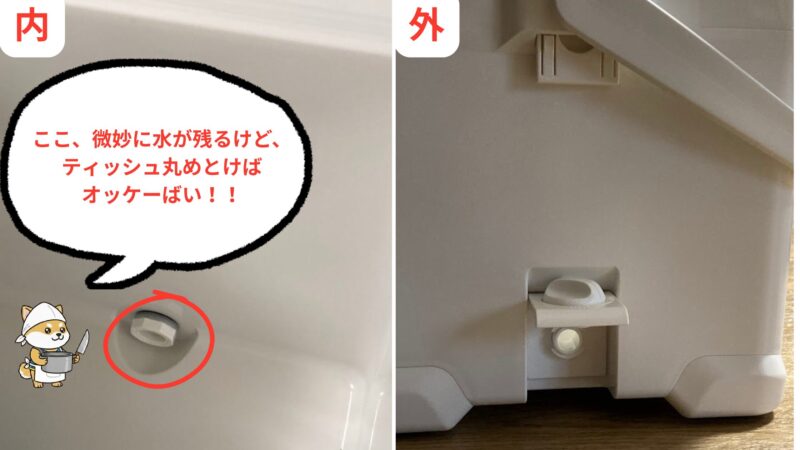 シマノのクーラーボックス「フィクセル」の水抜き栓の内側と外側の比較画像。水が微妙に残る部分をティッシュで吸い取るコツを紹介している様子。