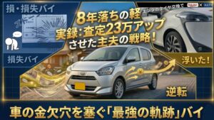 車の事故・搾取・節約の実体験を凝縮したコラージュアイキャッチ。「絶望（損・損失）」の棚には「大損バイ（泣）」の見積書。「逆転劇」の棚には黄金文字で「査定23万アップさせた逆転劇」「完全逆転への軌跡バイ！」の文字。「実利」の棚には3万タイヤ。中央下に「車の金欠穴を塞ぐ『最強の地図』バイ！」の文字。Side FIREへの軌跡を表現。