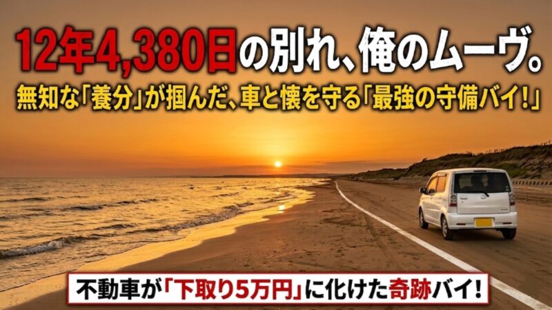千里浜なぎさドライブウェイを走るパールホワイトのダイハツ・ムーヴと夕日の風景。12年4380日の愛車との別れと、車を守る知恵を象徴するアイキャッチ画像。