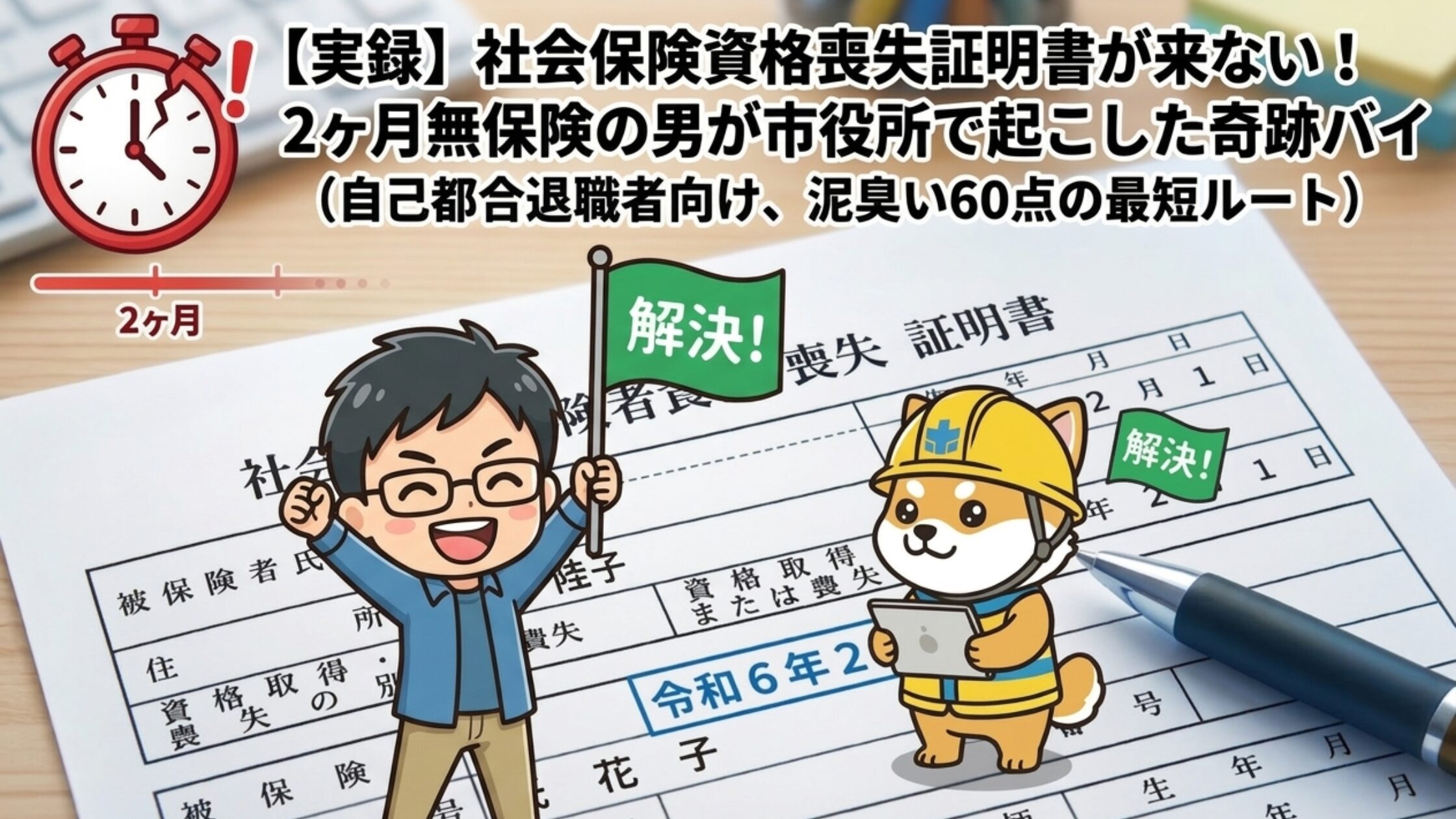 健康保険資格喪失証明書が届かず2ヶ月無保険だった実体験をもとに、市役所で雇用保険受給資格者証を使い30分で手続きを完了させた最短ルートを解説するアイキャッチ画像。自己都合退職者向け。