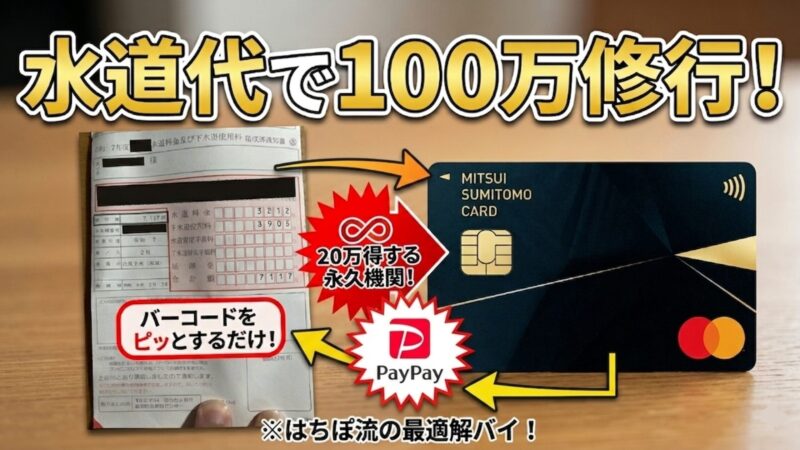 水道代の請求書はがきから三井住友カード ゴールドとPayPayを経由する矢印が描かれた、100万修行で20万円得する永久機関の作り方を説明するアイキャッチ画像。「水道代で100万修行！」の文字入りバイ。