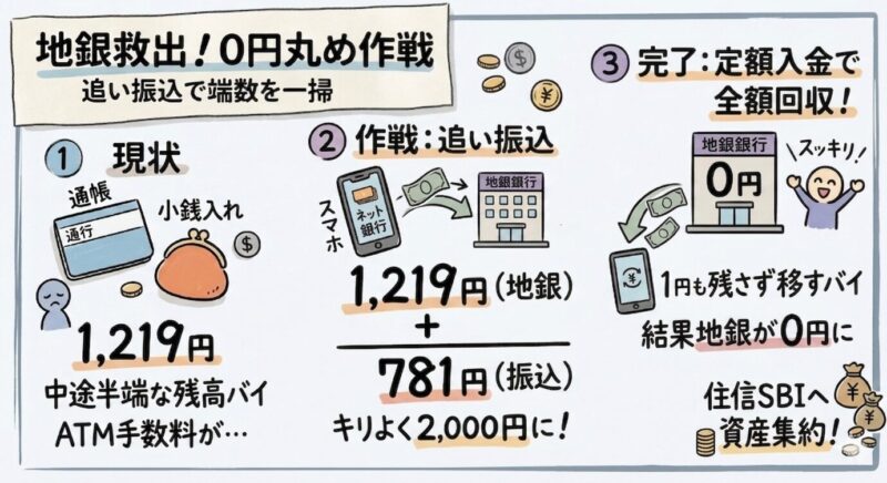 地銀の端数1,219円に781円を追い振込して2,000円に丸め、住信SBIの定額自動入金で全額回収して残高を0円にする手順の図解。