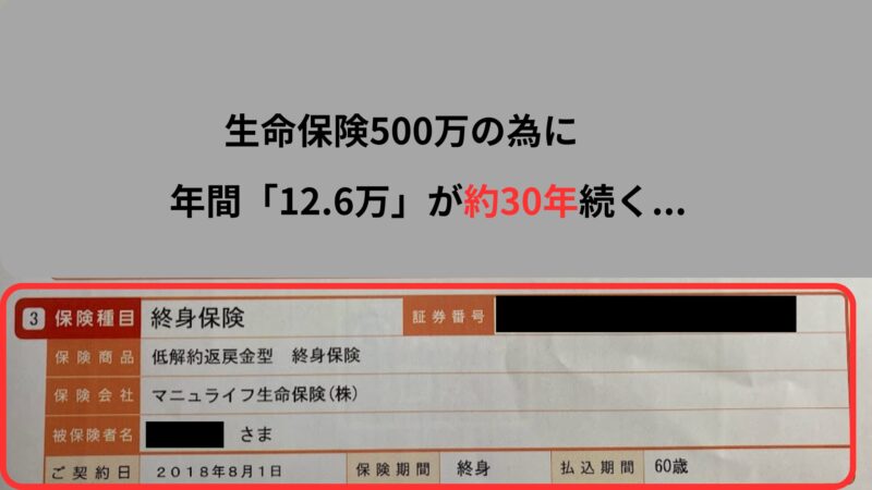 マニュライフ生命の低解約返戻金型終身保険の提案書、年間保険料12.6万円が30年続く設計図の画像