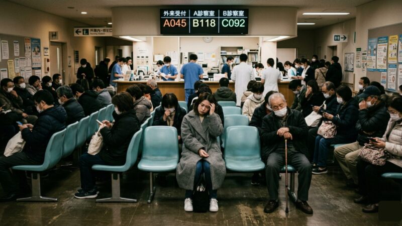 多くのマスク姿の患者で混雑する、現実の病院の待合室。中央に座る女性や周囲の患者の表情から、待ち時間への不安と健康への懸念が感じられる。