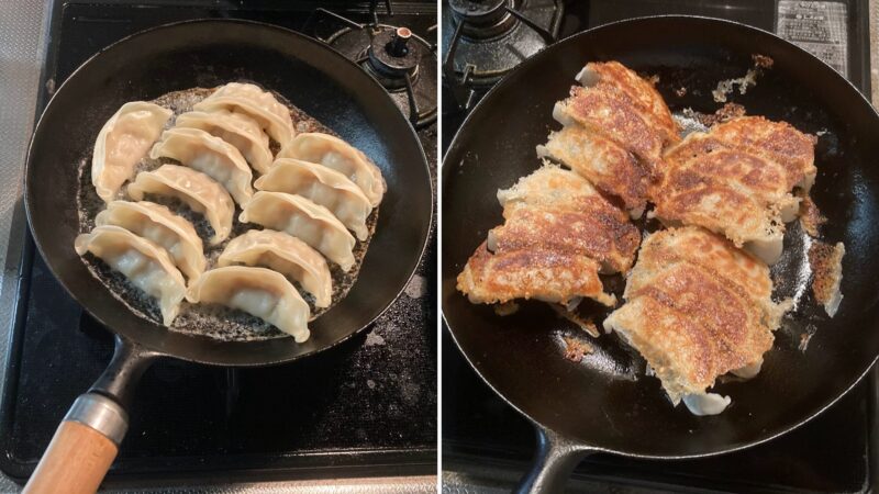 岩鋳の鉄フライパンで冷凍餃子を焼いている様子。左が焼き始め、右がこんがりと綺麗に焼き上がった状態。