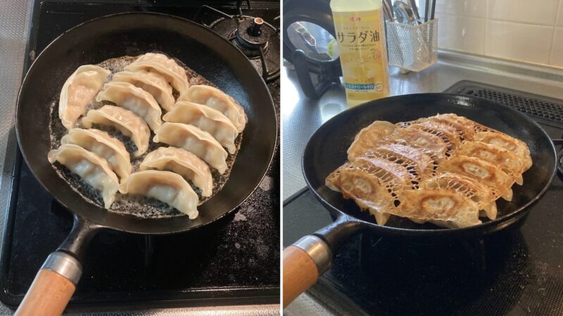 岩鋳の鉄フライパンで油をひかずに冷凍餃子を焼き、焦げ付かずに綺麗な羽根付きでひっくり返した様子の2分割比較写真