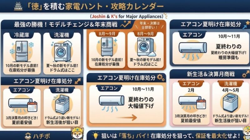 Joshinとケーズデンキを想定した、主要家電(冷蔵庫・洗濯機・エアコン)の型落ち品狙い目カレンダー。エアコン(10〜11月・2月)、冷蔵庫(8〜9月)、洗濯機(ドラム式:8〜9月、縦型:4〜5月)がそれぞれのモデルチェンジ直前で最安値圏になる時期を図解。ポイ活の100万円修行にも最適。