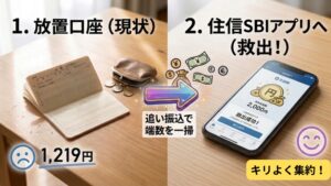 未利用口座の救出作戦。1,219円の端数がある古い通帳から、住信SBIネット銀行アプリへ、追い振込でキリよく2,000円にして手数料無料で資金移動し、資産集約と残高0円化を完了した様子をBefore/Afterで解説するアイキャッチ画像。