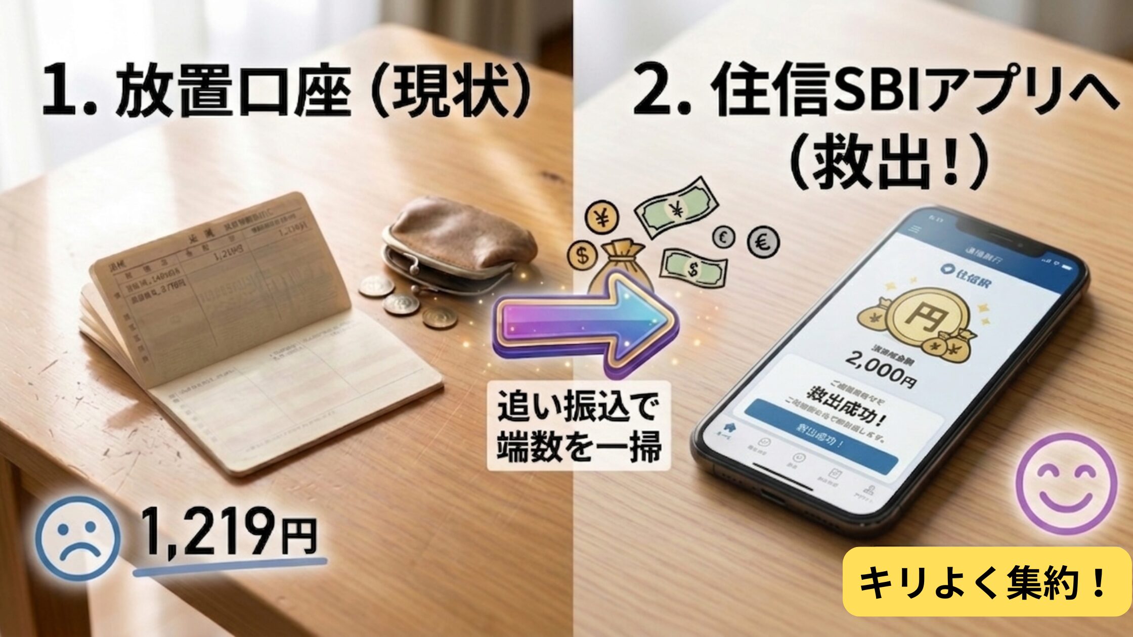 未利用口座の救出作戦。1,219円の端数がある古い通帳から、住信SBIネット銀行アプリへ、追い振込でキリよく2,000円にして手数料無料で資金移動し、資産集約と残高0円化を完了した様子をBefore/Afterで解説するアイキャッチ画像。