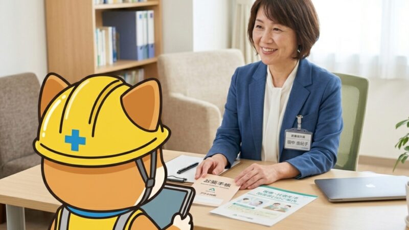 病院の相談窓口で、医療ソーシャルワーカーがお薬手帳を手に相談者にアドバイスをしている様子。一人で抱え込まず専門家に相談する大切さを表している。