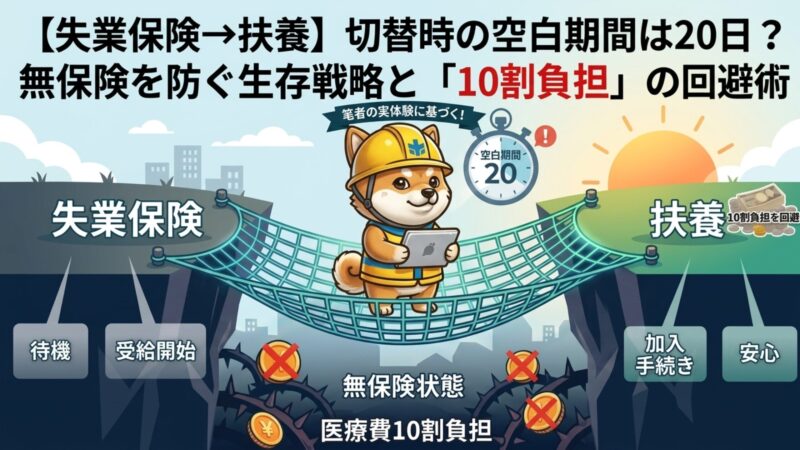 失業保険から扶養への切替時に生じる20日間の空白期間と、医療費10割負担のリスクを回避するための生存戦略を図解