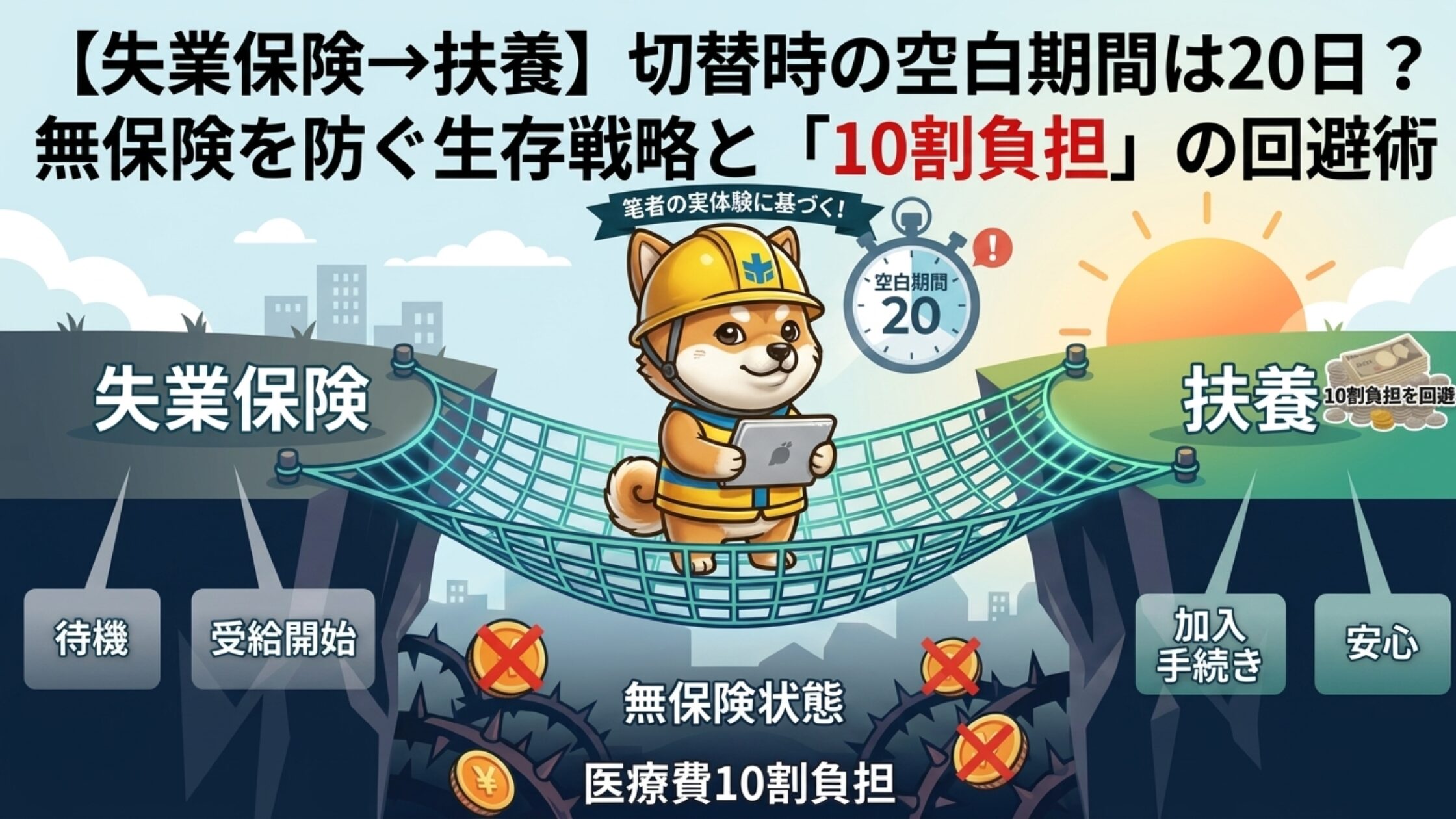 失業保険から扶養への切替時に生じる20日間の空白期間と、医療費10割負担のリスクを回避するための生存戦略を図解
