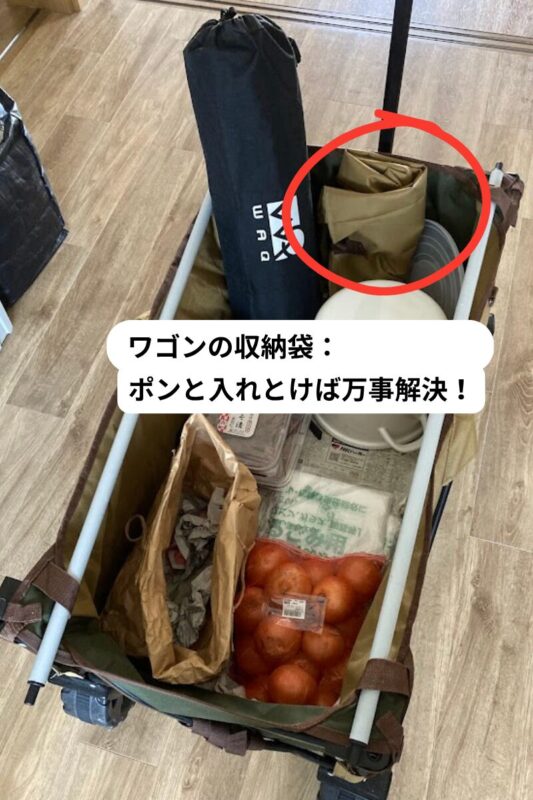 WAQアウトドアワゴンの荷台に、折りたたんだテーブルの専用収納袋を野菜と一緒に保管して紛失を防止している様子