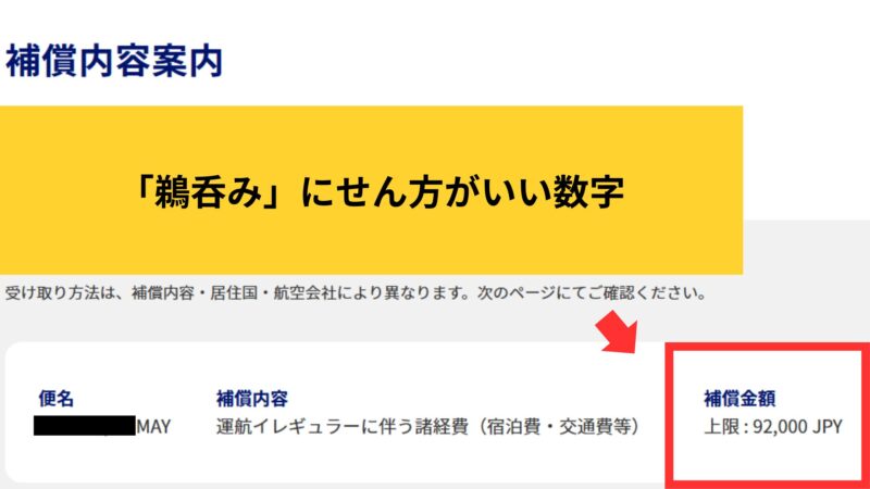補償内容案内画面。表示されている補償金額の上限は、実際の状況に応じて確認が必要であることを示す注意喚起