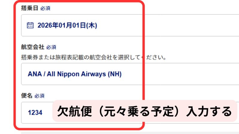 補償申請フォームのフライト情報入力画面。搭乗日、航空会社、欠航便の便名を入力する様子