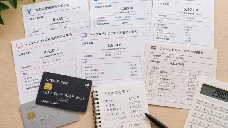 クレジットカードと固定費の請求書を並べたイメージ。不正利用によるカード再発行後に必要となる支払い情報の変更手続きを表現している。