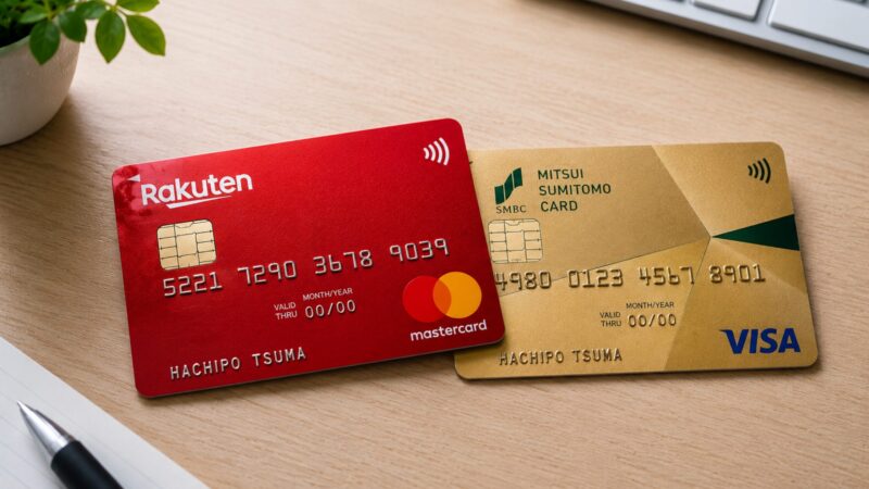 MastercardとVISAのクレジットカードを2枚並べたイメージ。不正利用やカード停止に備えるための2枚持ちによるリスク管理を表現している。