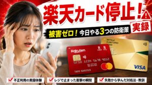 楽天カードが不正利用で停止され困惑する女性と、リスク管理のために並べられたクレジットカード2枚