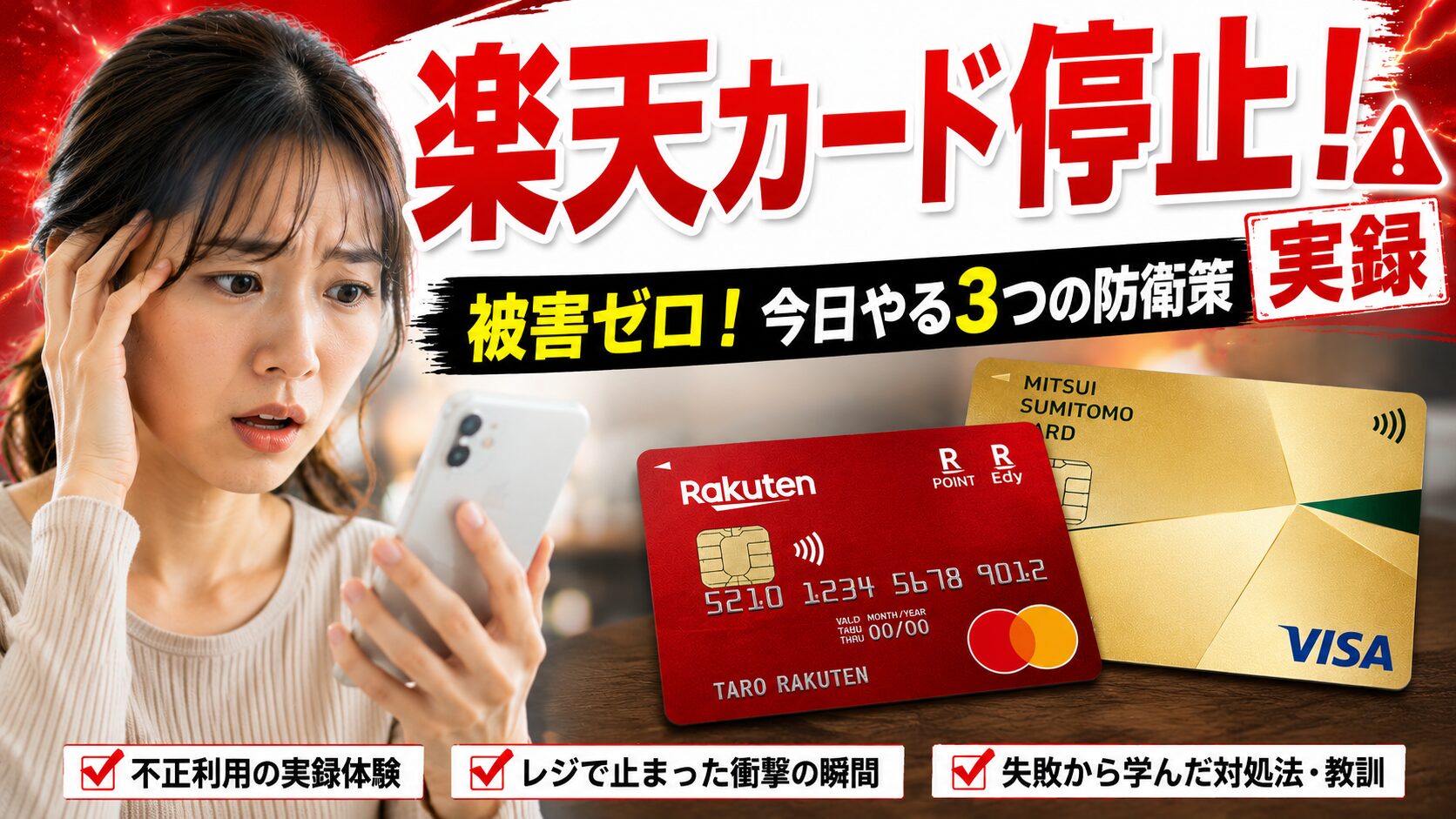楽天カードが不正利用で停止され困惑する女性と、リスク管理のために並べられたクレジットカード2枚