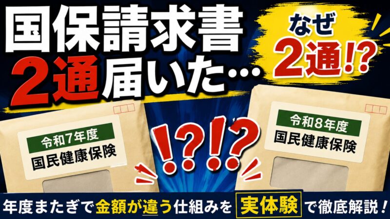 国民健康保険の請求書が2通届く理由を解説するアイキャッチ画像。令和7年度・令和8年度の封筒イラストと「年度またぎで金額が違う仕組みを実体験で徹底解説！」のテキスト。