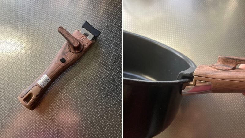 5年以上愛用しているニトリの着脱式フライパンハンドル(木目調)の全体像と鍋への装着状態