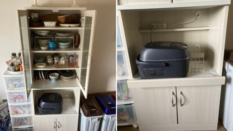 5年以上愛用しているニトリの組み合わせ食器棚(リガーレ)の活用事例。左側は家具全体の写真で、上がガラス扉の食器棚、中央がスライド式の炊飯器置き場、下が扉付き収納の組み合わせ。右側はスライド式炊飯器置き場部分のアップ写真。