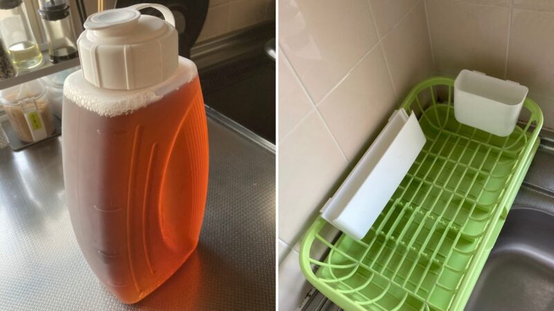 5年以上愛用しているセリアの麦茶ポットと緑色の水切り皿かご