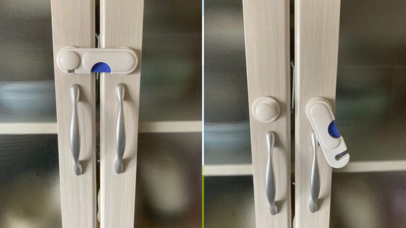 セリアで購入した食器棚用扉ストッパーのロック時と解除時の様子