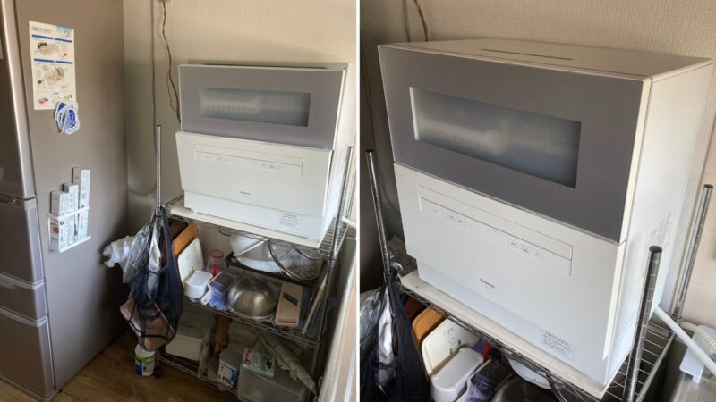 キッチンの食洗機置き場として活用しているスチールラックの設置事例。左側は冷蔵庫の横に置いた全体像で、最上段にパナソニックの食洗機、中段・下段にボウルやまな板などの調理用品を収納。右側は食洗機設置部分の斜めからのアップ写真。